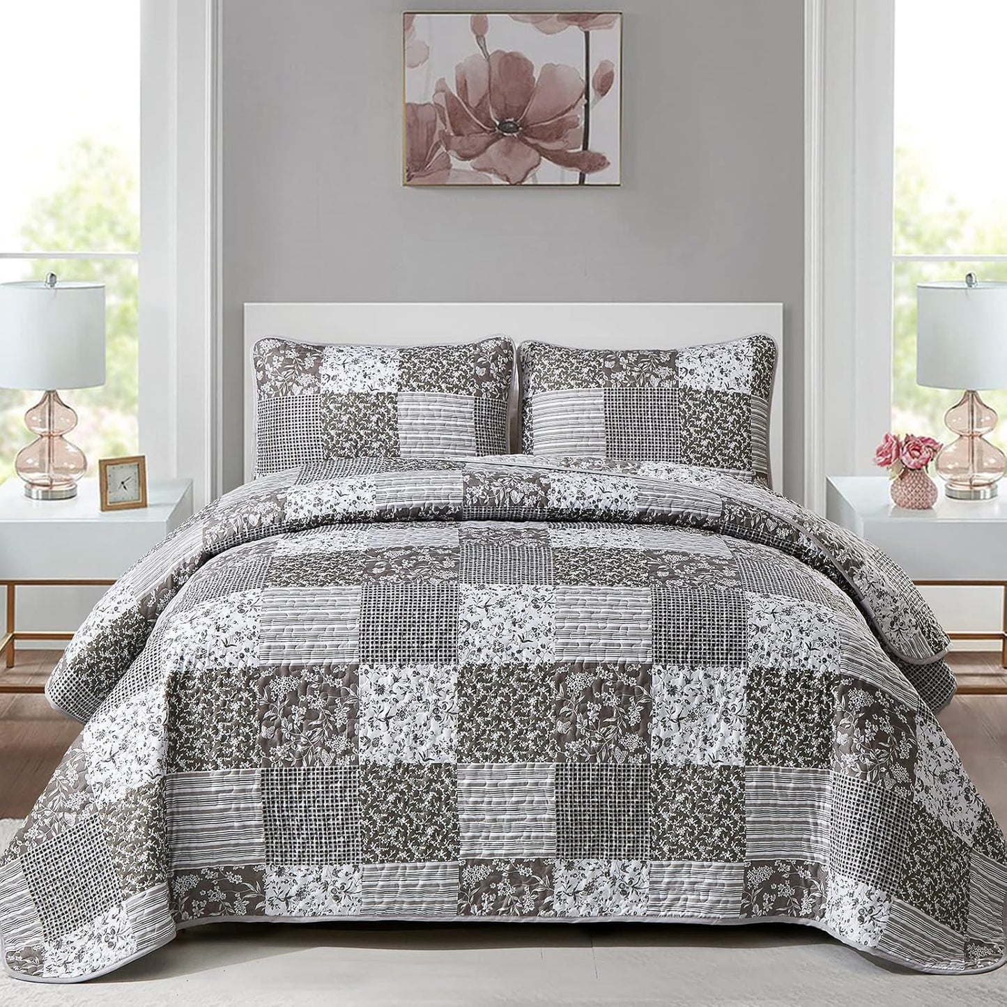 Mybedsoul Grey Boho Quilt Set Queen Size for All Seasons