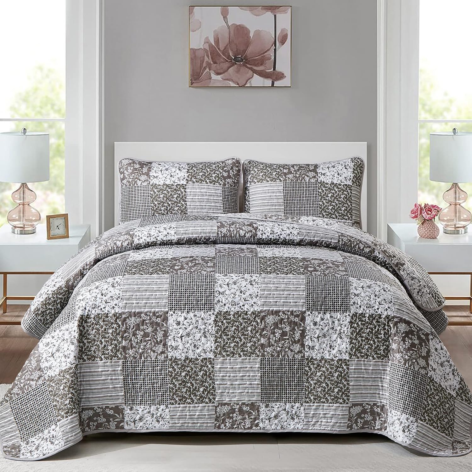 Mybedsoul Grey Boho Quilt Set Queen Size for All Seasons
