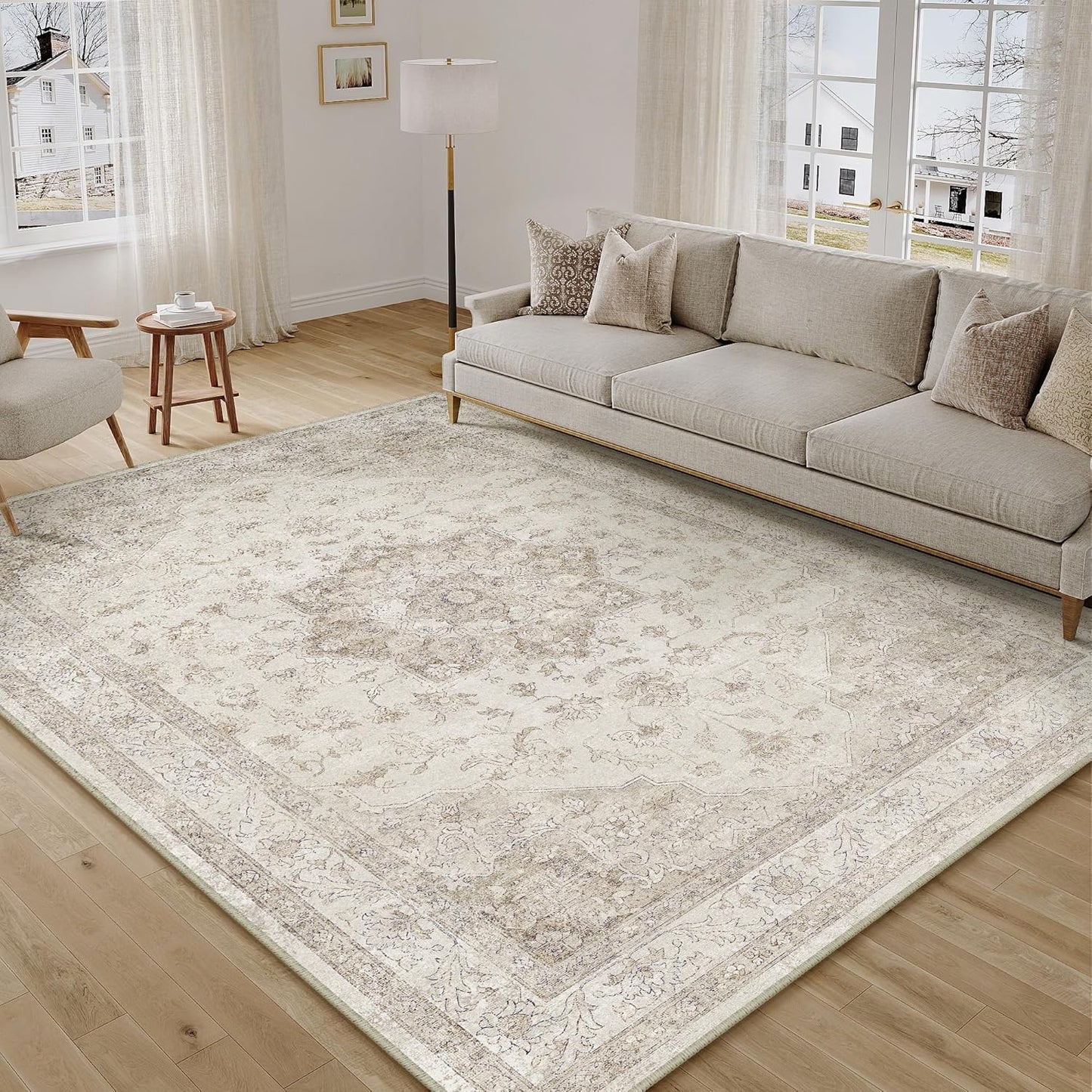 Beige Area Rug 6x9 Washable Vintage Carpet for Living Room