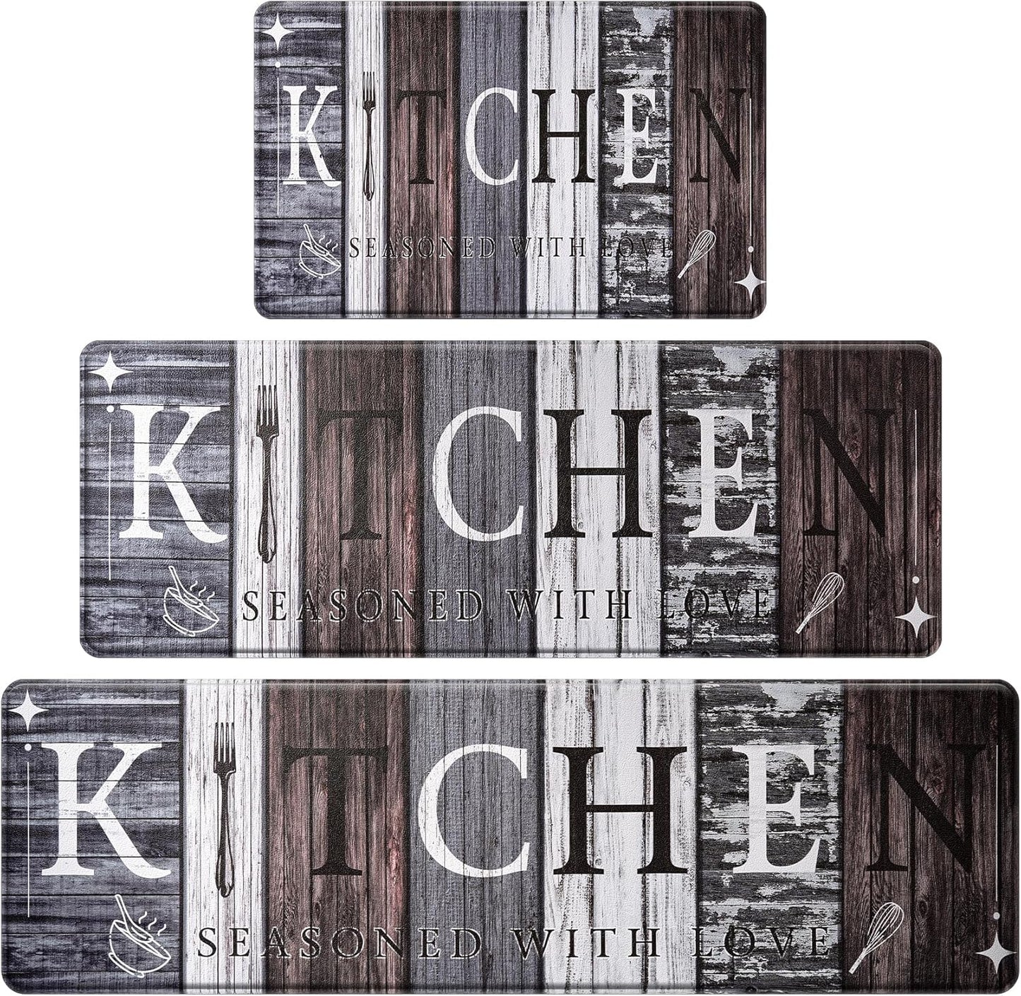 PVC Farmhouse Kitchen Mats for Floor Set of 3, Non-Slip Rugs