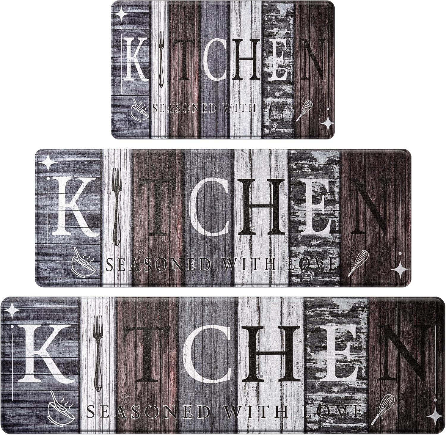 PVC Farmhouse Kitchen Mats for Floor Set of 3, Non-Slip Rugs
