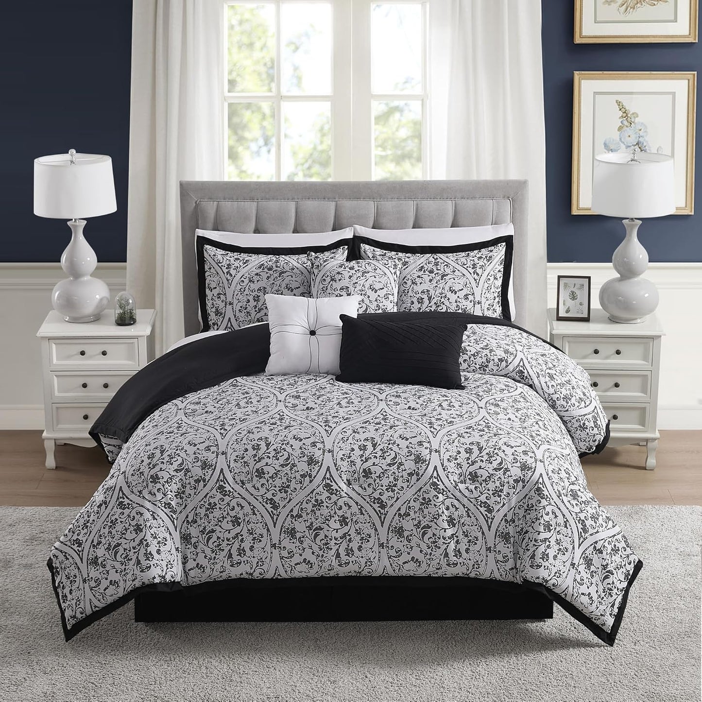 Queen Comforter Set - 7-Piece Bedding Collection in Black/White