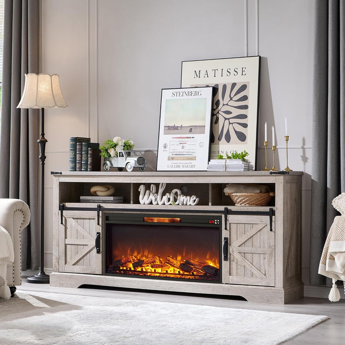 Rustic Oak Fireplace TV Stand: Farmhouse Chic for 80 TV