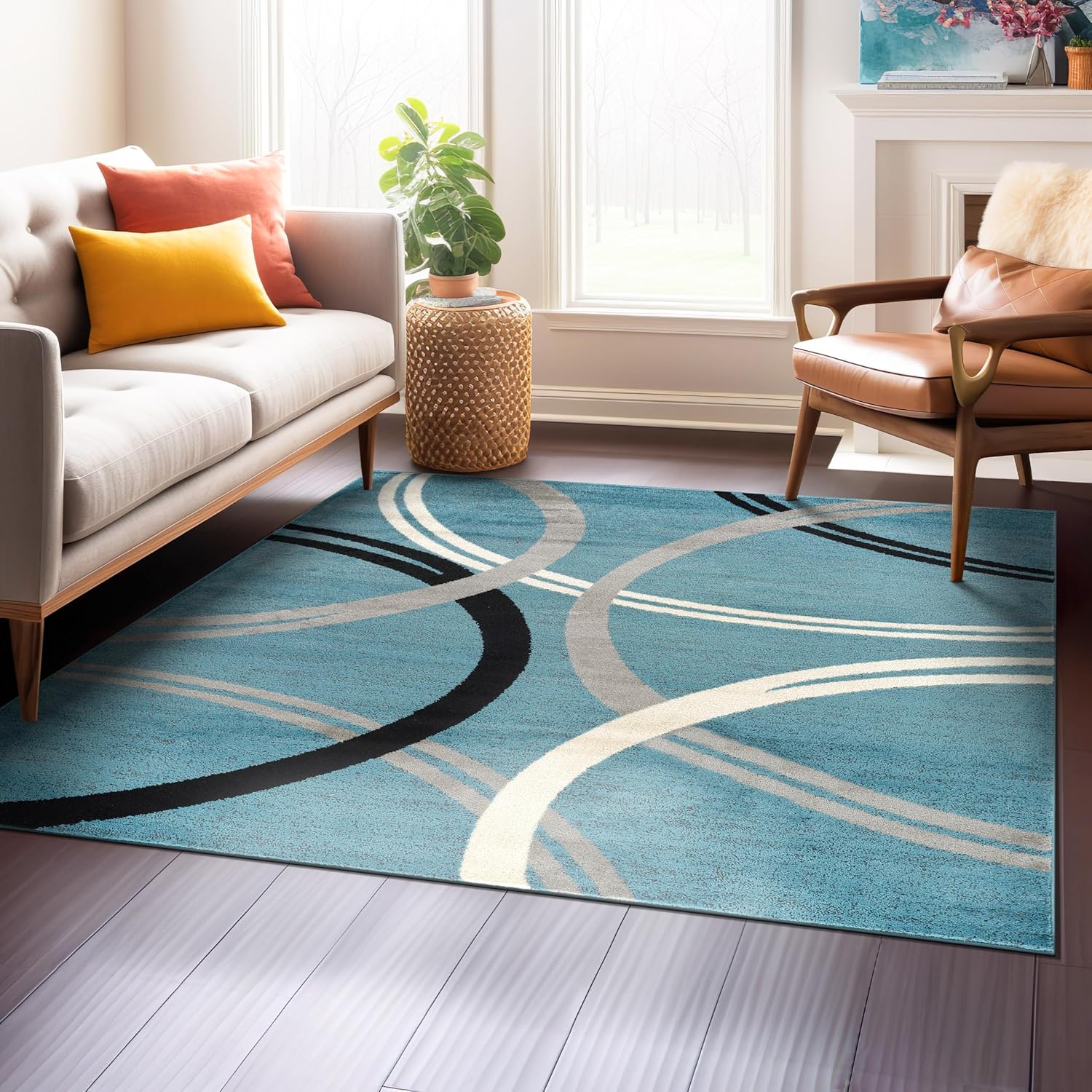 Modern Wavy Circles Design Square Rug for Living Room or Bedroom