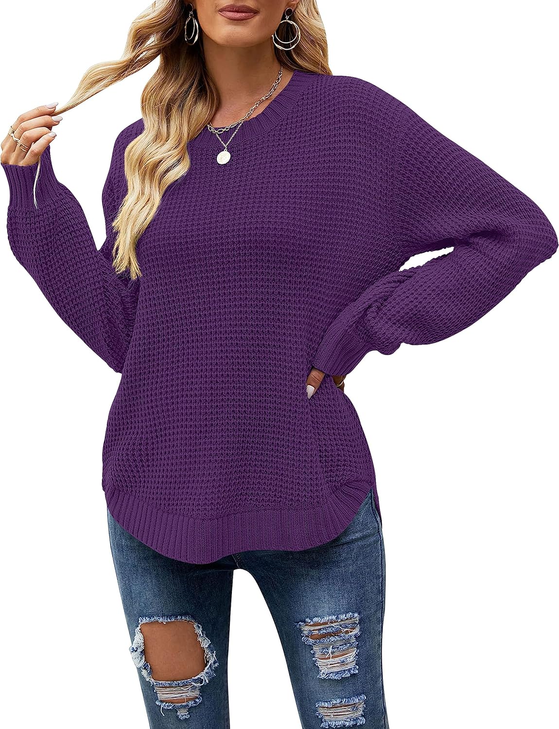 Waffle Knit Pullover Sweater for Women - Casual Fall Fashion