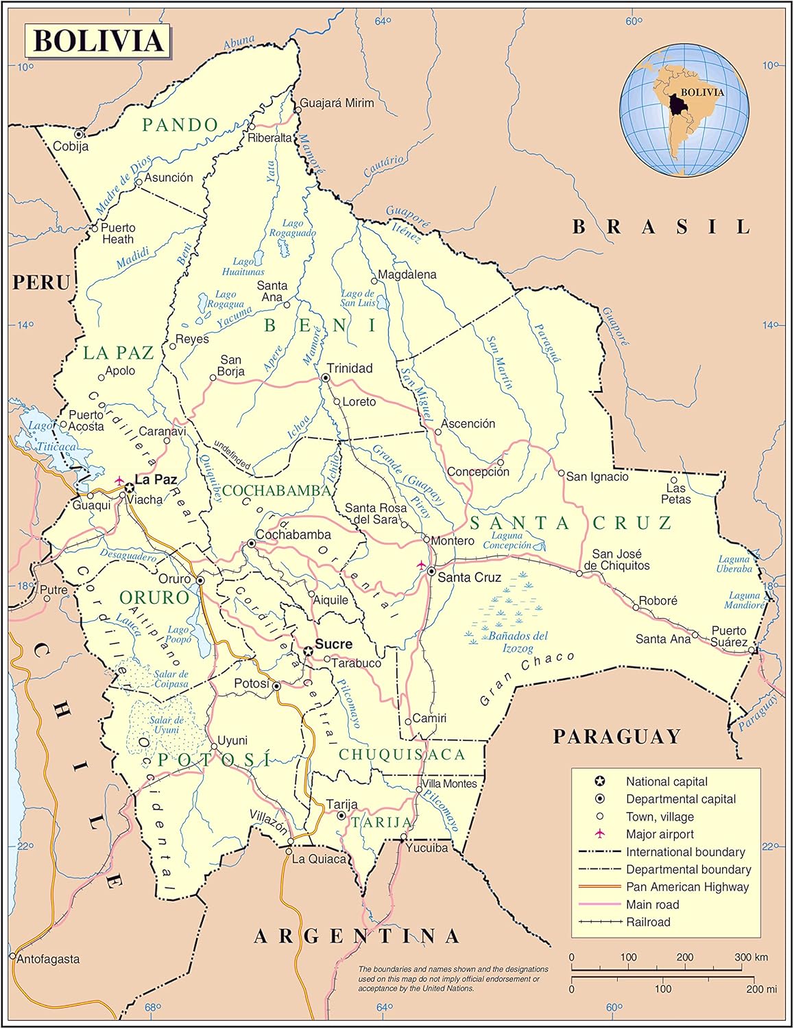 Large Bolivia Political Map: Detailed Cities & Airports