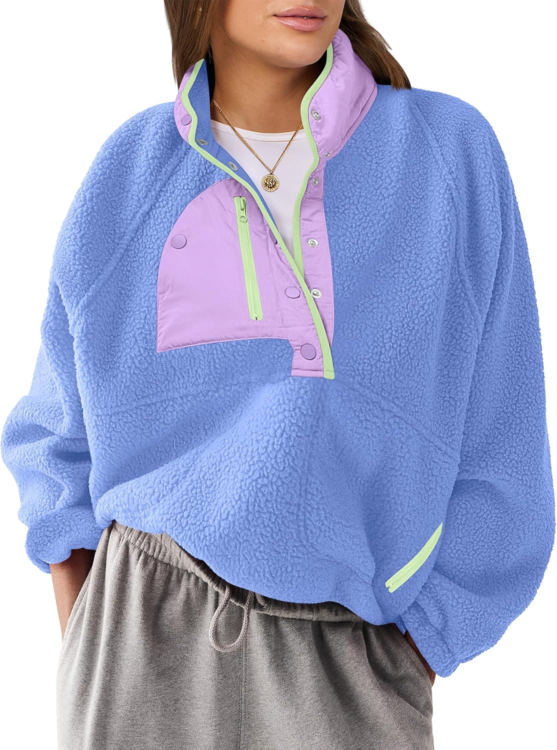 Fuzzy Fleece Pullover Sherpa Sweatshirt with Pockets for Women