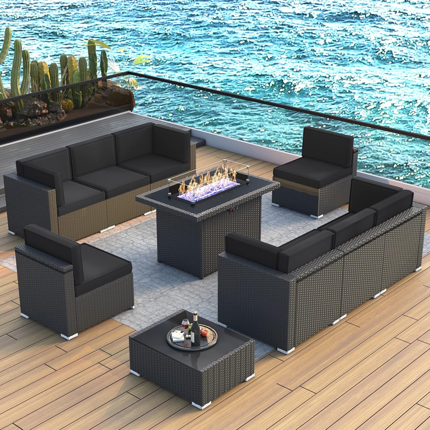 LayinSun 10 Piece Patio Furniture Set with Fire Pit Table