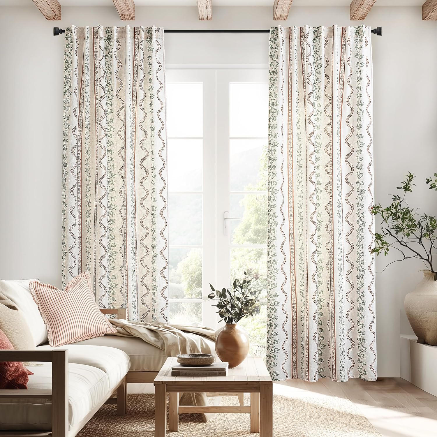 Boho Floral Linen Curtains for Bedroom Living Room 96 in Long