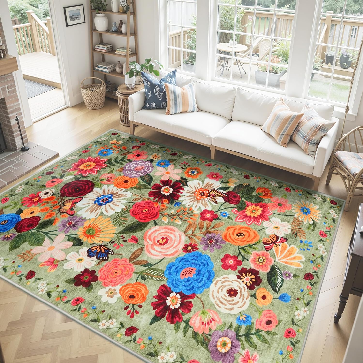 Washable Area Rug 8x10 Green for Living Room and Bedroom