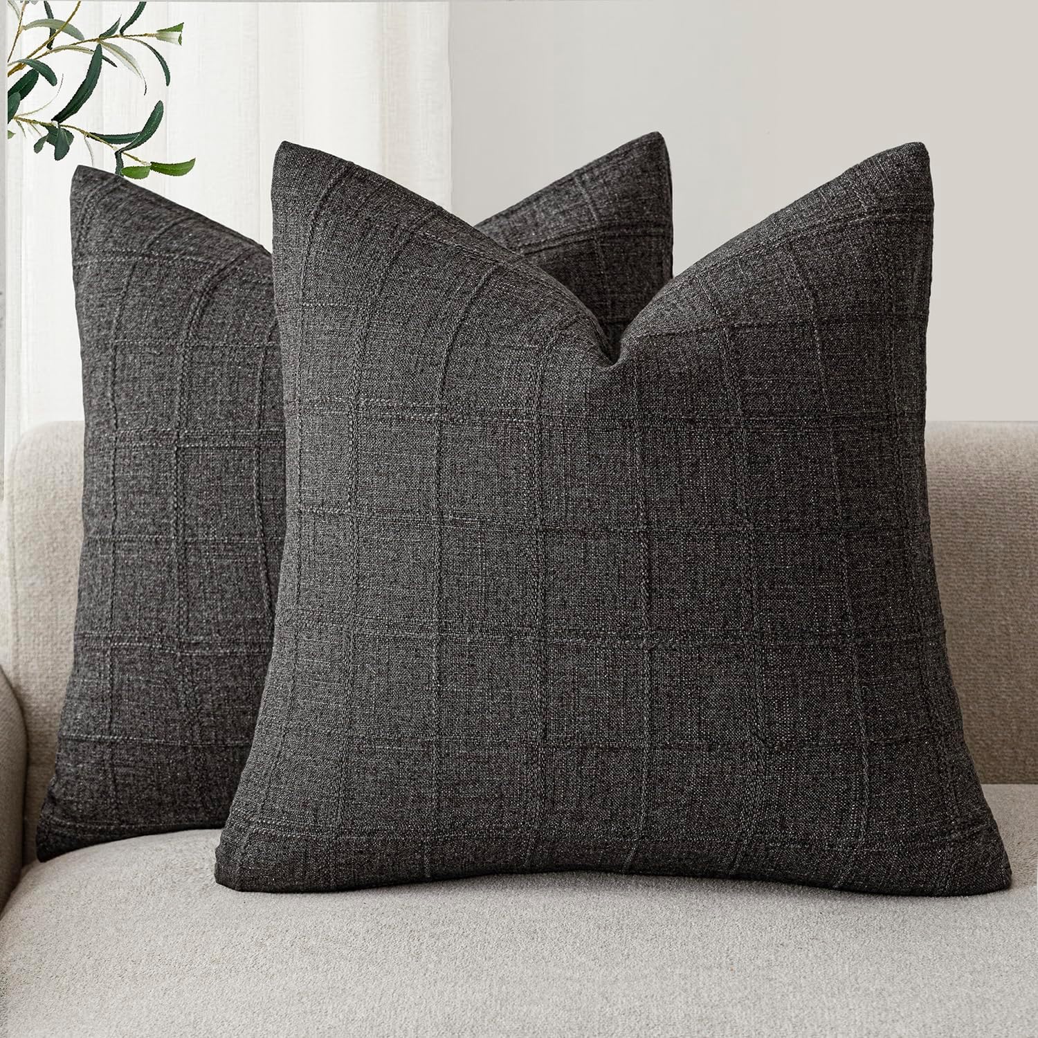 Foindtower Decorative Linen Check Throw Pillow Covers Set of 2