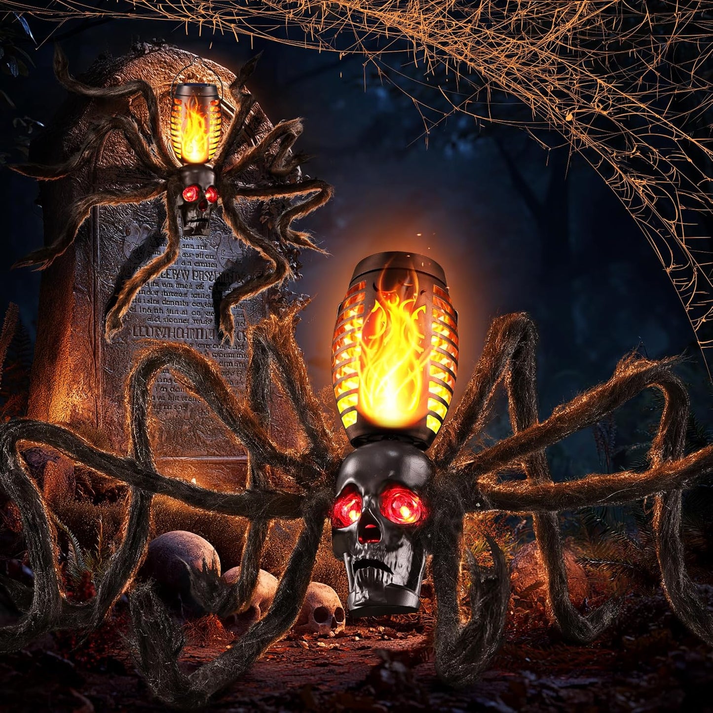 Halloween Skull Flame Lights with Spider Tentacles for Outdoor Use