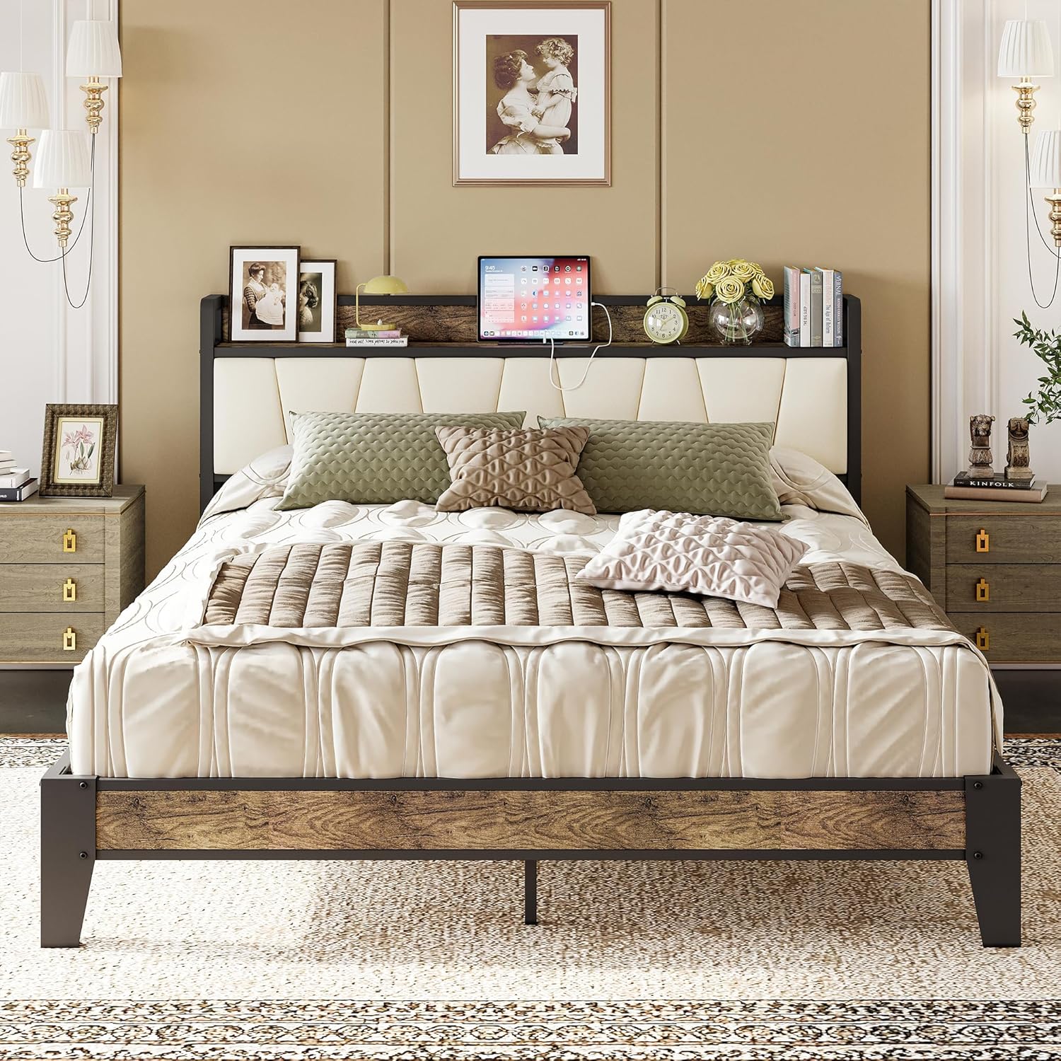 LIKIMIO Queen Bed Frame with Storage Headboard and Charging Station
