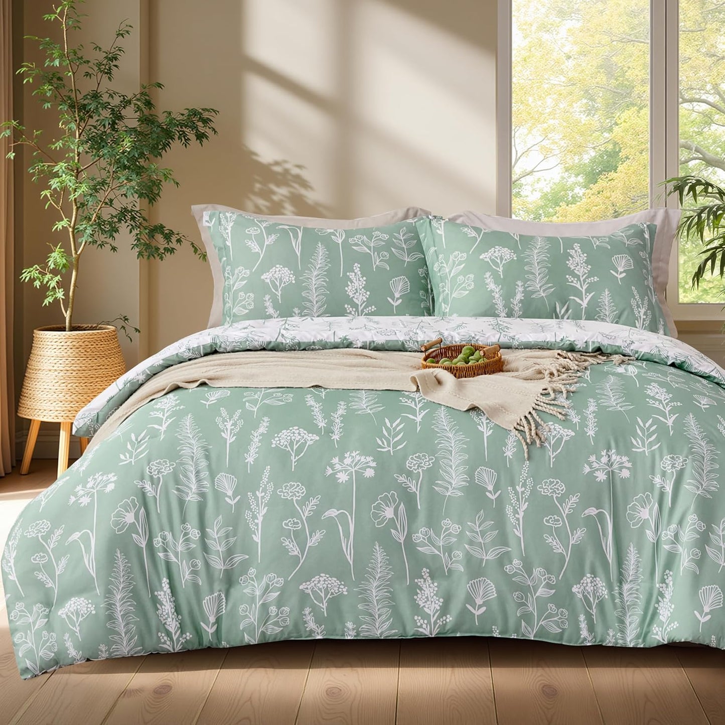 Joiedomi California King Comforter Set in Sage Green Floral Design