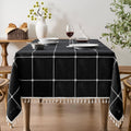 Boho Grid Table Cloth with Tassels 60in x 120in - Heavy Linen Look