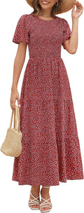 Maggeer Womens Smocked Floral Maxi Dress - Short Sleeve Flowy Midi