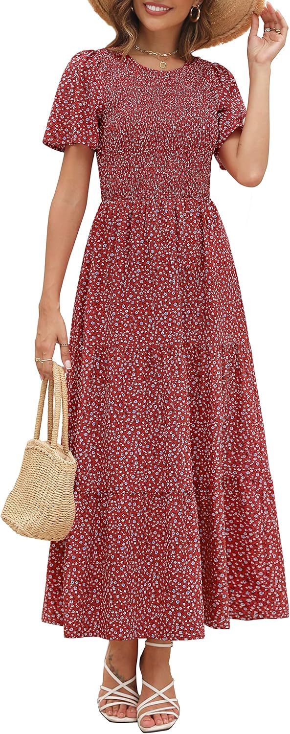Maggeer Womens Smocked Wedding Guest Maxi Dress for Summer