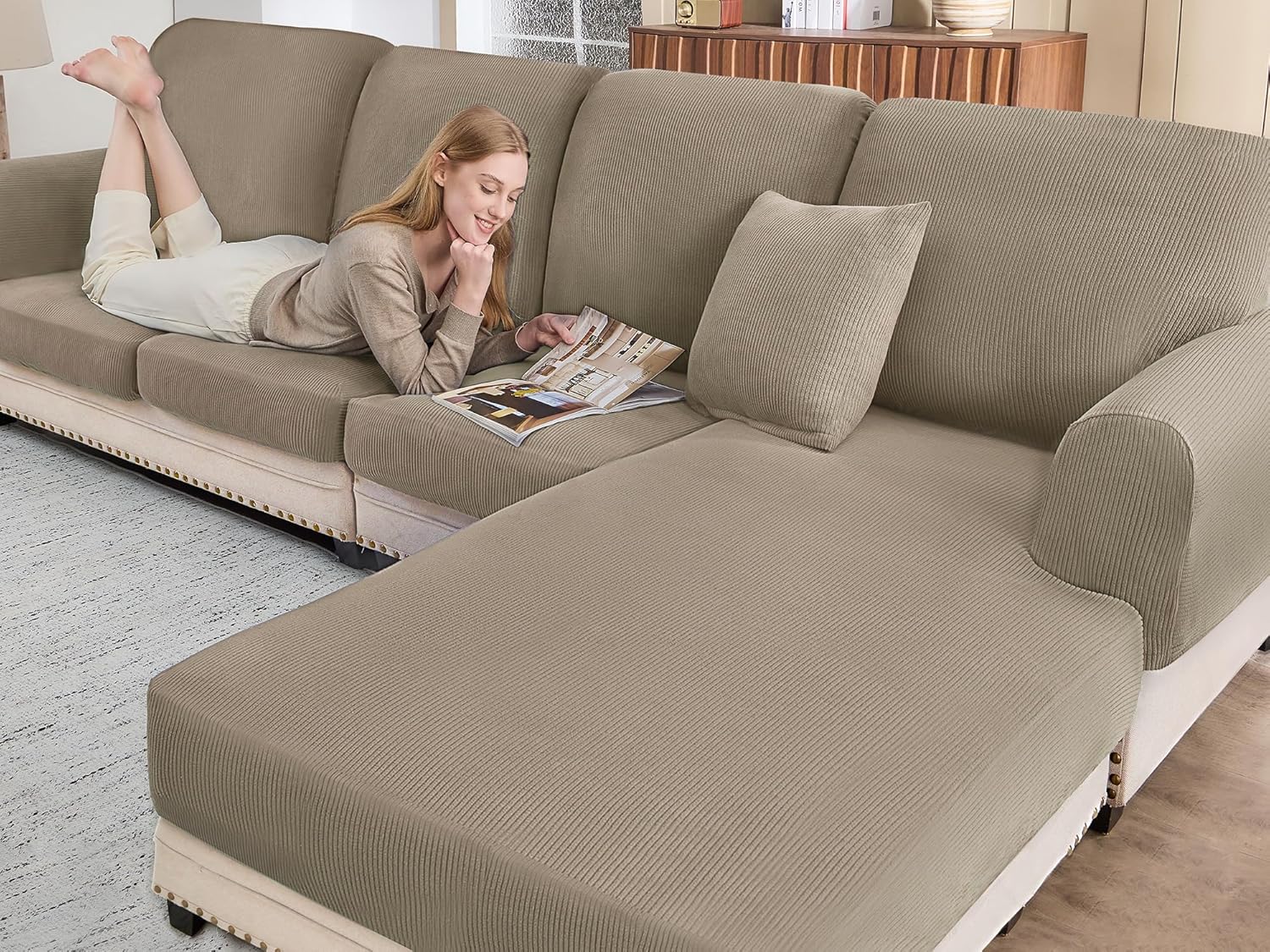 L Shaped Couch Cover Washable Soft Slipcovers with Pillowcases