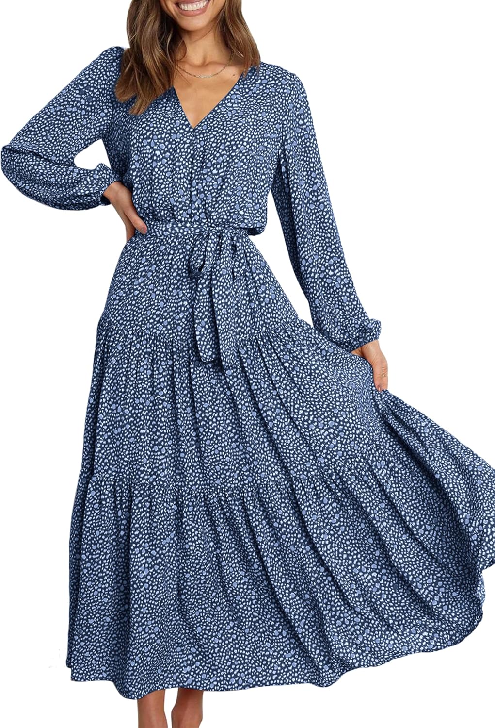 PRETTYGARDEN Womens Long Sleeve Wrap V Neck Floral Maxi Dress
