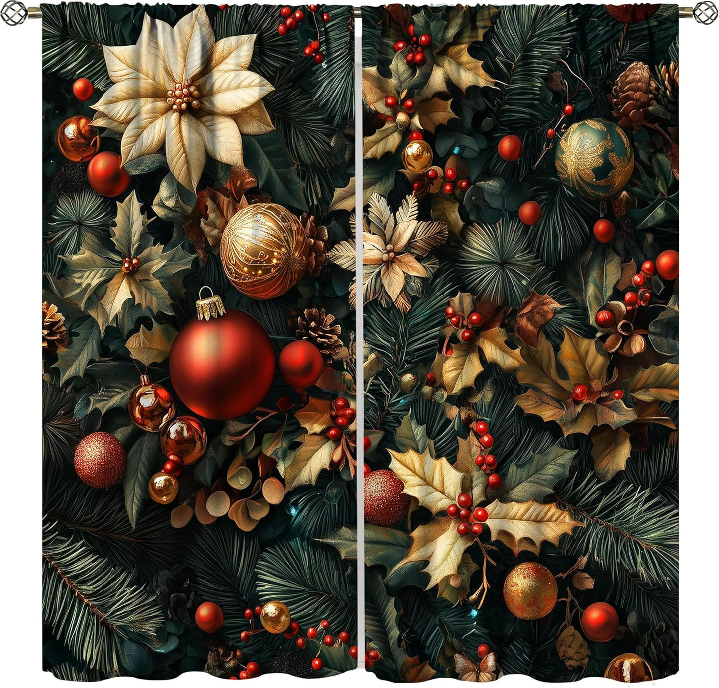 Festive Christmas Curtain Panels: Light-Filtering Holly Design, 21x45, YungHo