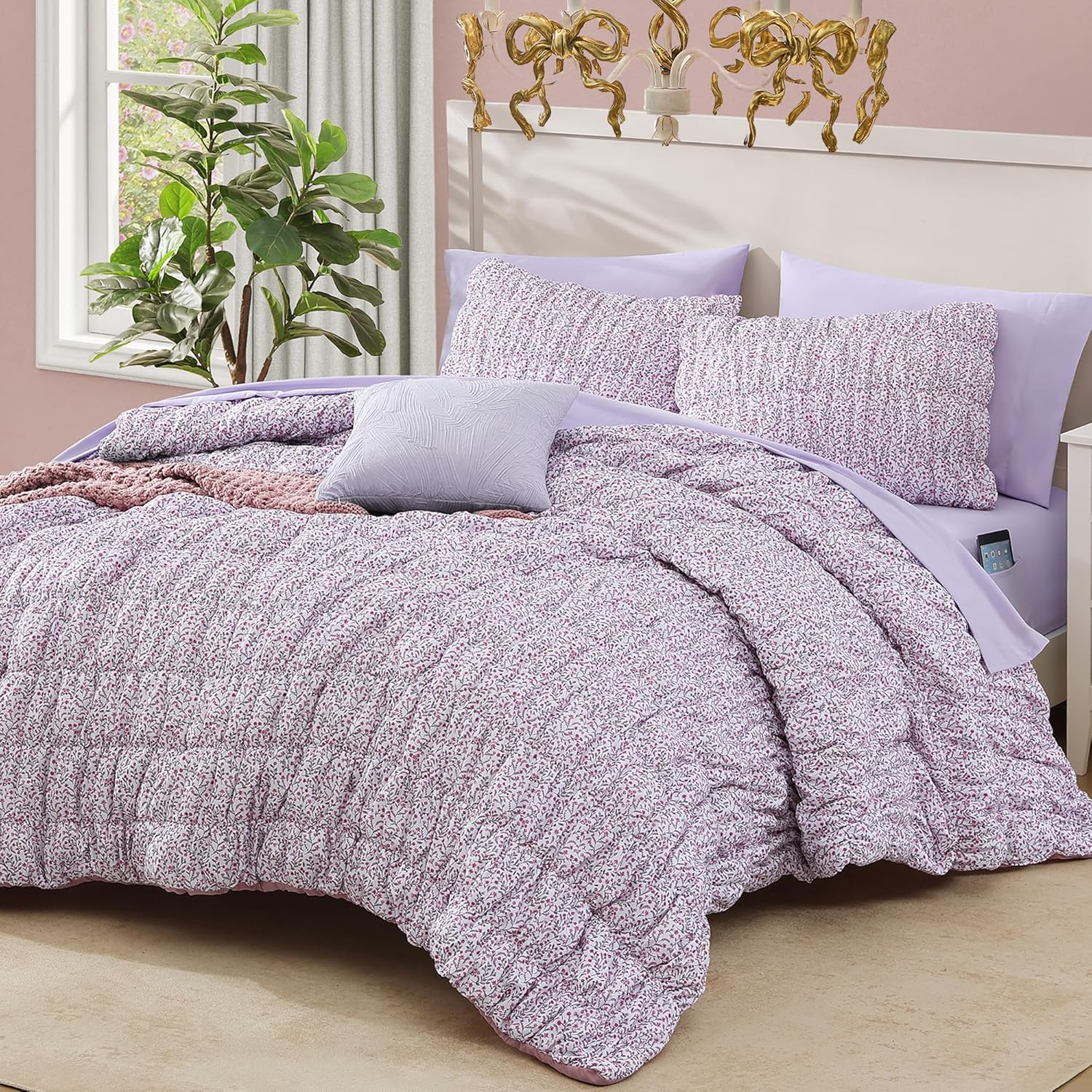 Queen Comforter Set - 7 Pieces Light Purple Floral Bedding