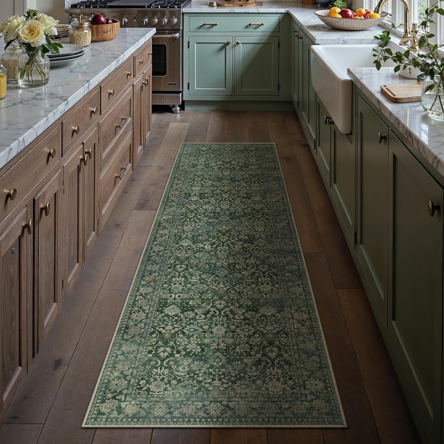2x8 Runner Rug Machine Washable Dark Green Floral Area Rug