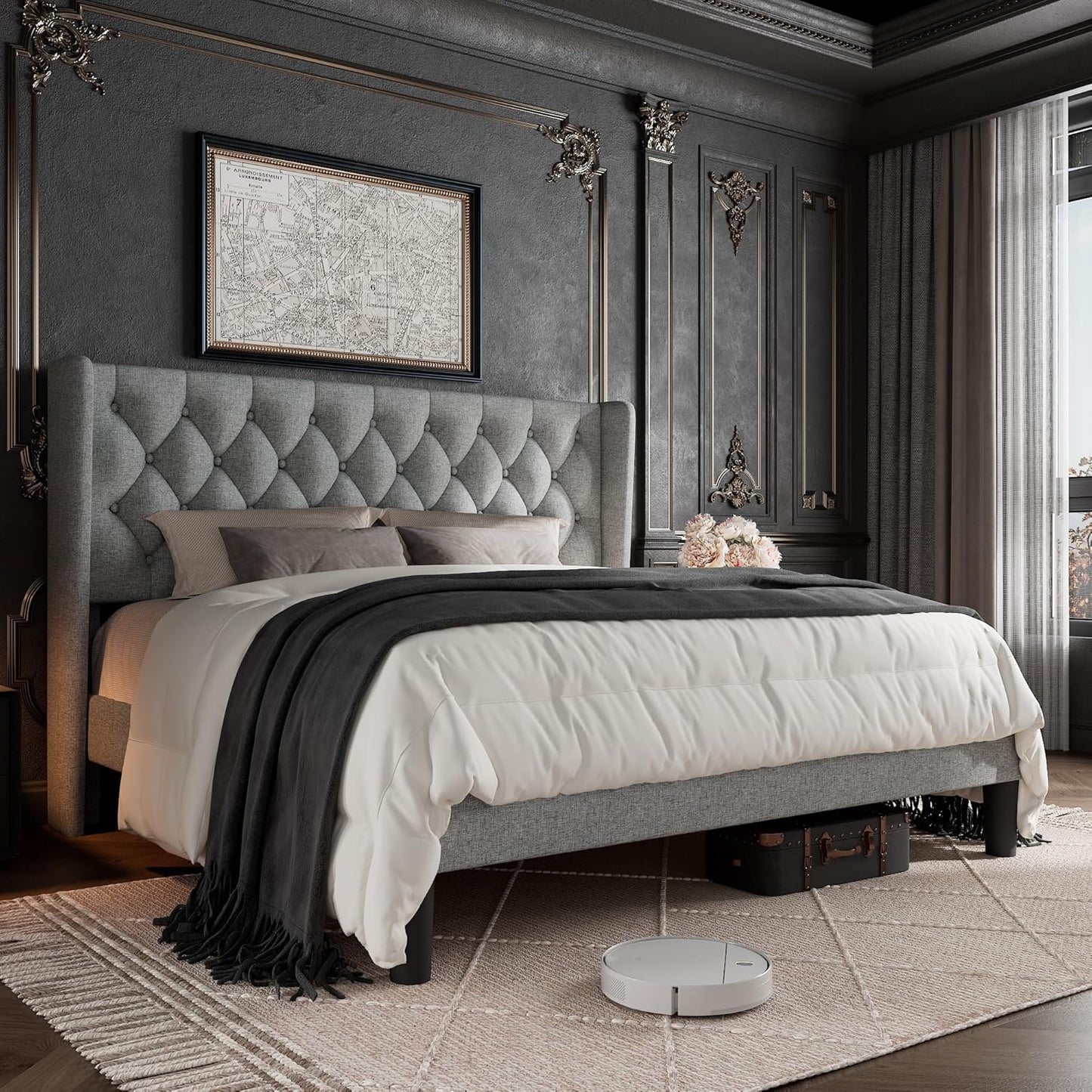 King Size Bed Frame with Button Tufted Headboard for Comfort