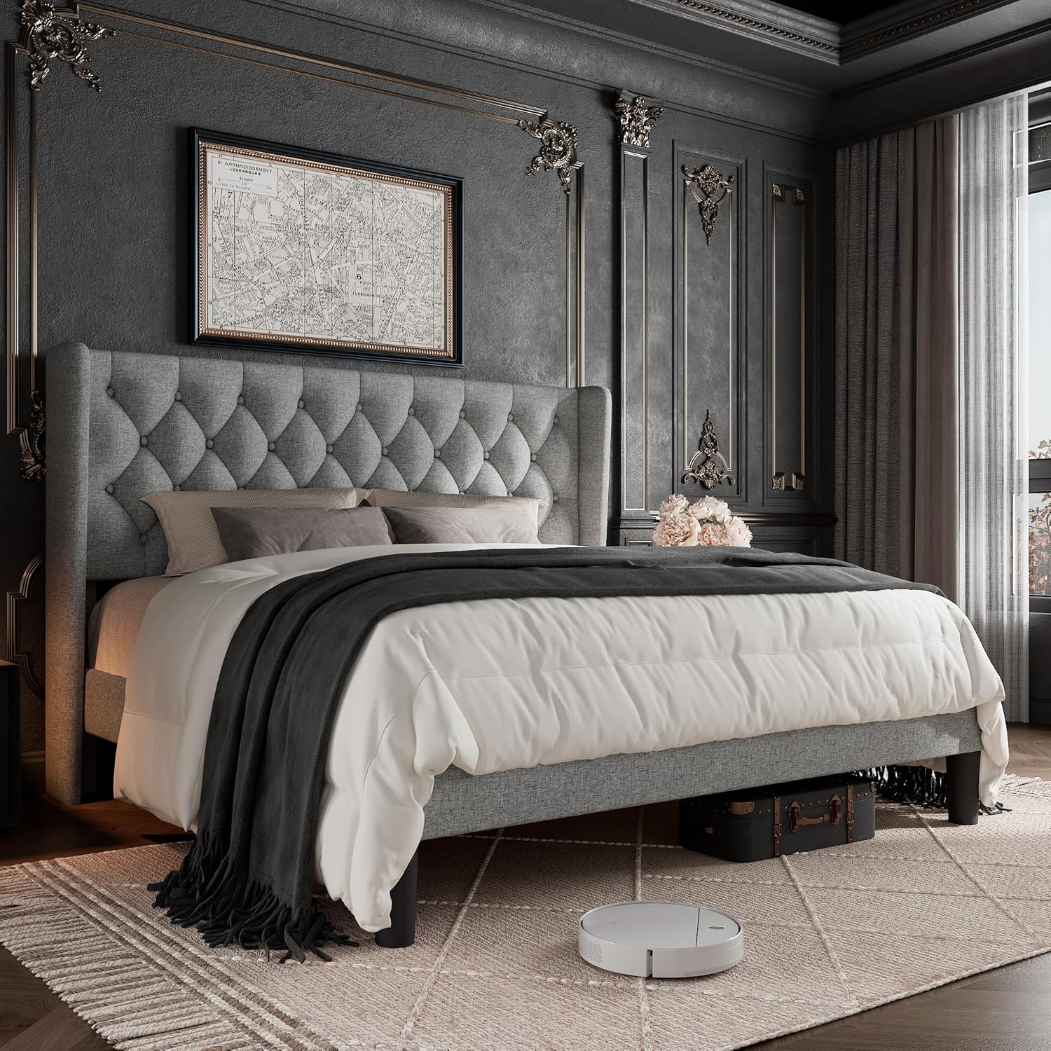 King Size Bed Frame with Button Tufted Headboard for Comfort