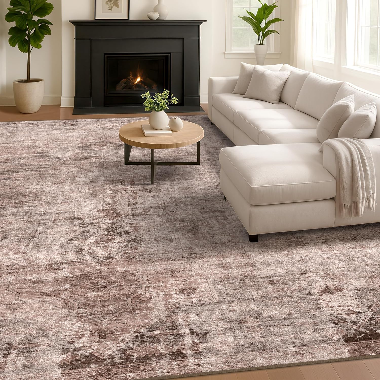 Brown Living Room Rug 8x10 - Retro Washable Non Slip Rug