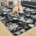 Large Fluffy 8x10 Area Rug Tie-Dyed Black and White - Thick Shag