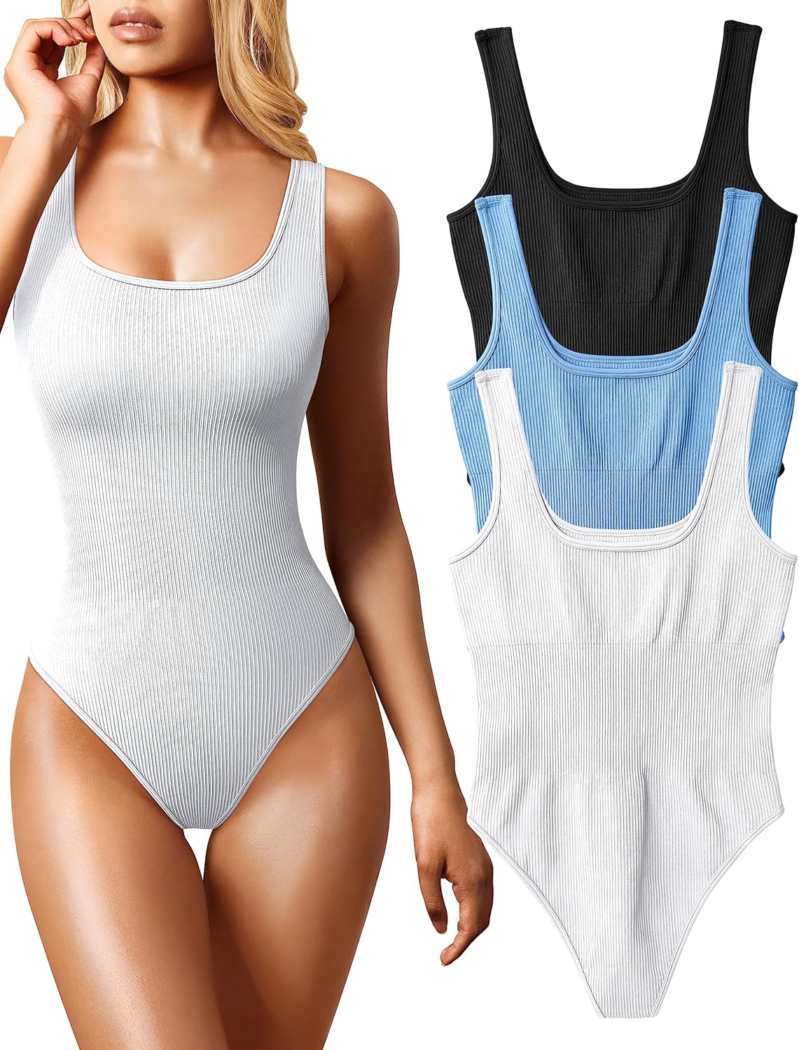OQQ Women's 3 Piece Bodysuits Sexy Ribbed Square Neck Tops