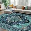 Area Rugs 8 ft x 10 ft Washable Non-Slip Floral Medallion - Teal
