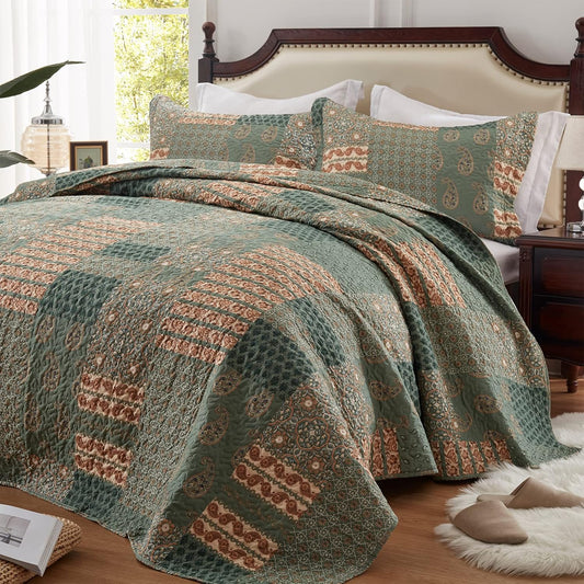 LEAONME King Size Quilt Set Lightweight Floral Paisley Design