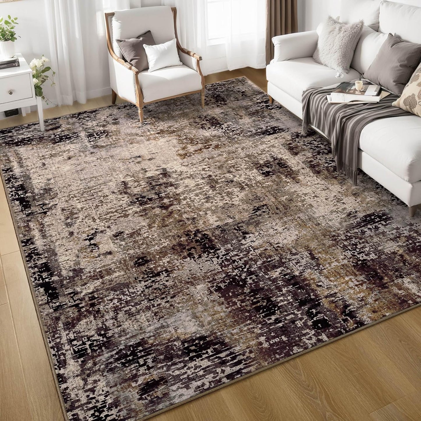 Ompaa Living Room Rug 6x9 Brown Area Rug Machine Washable