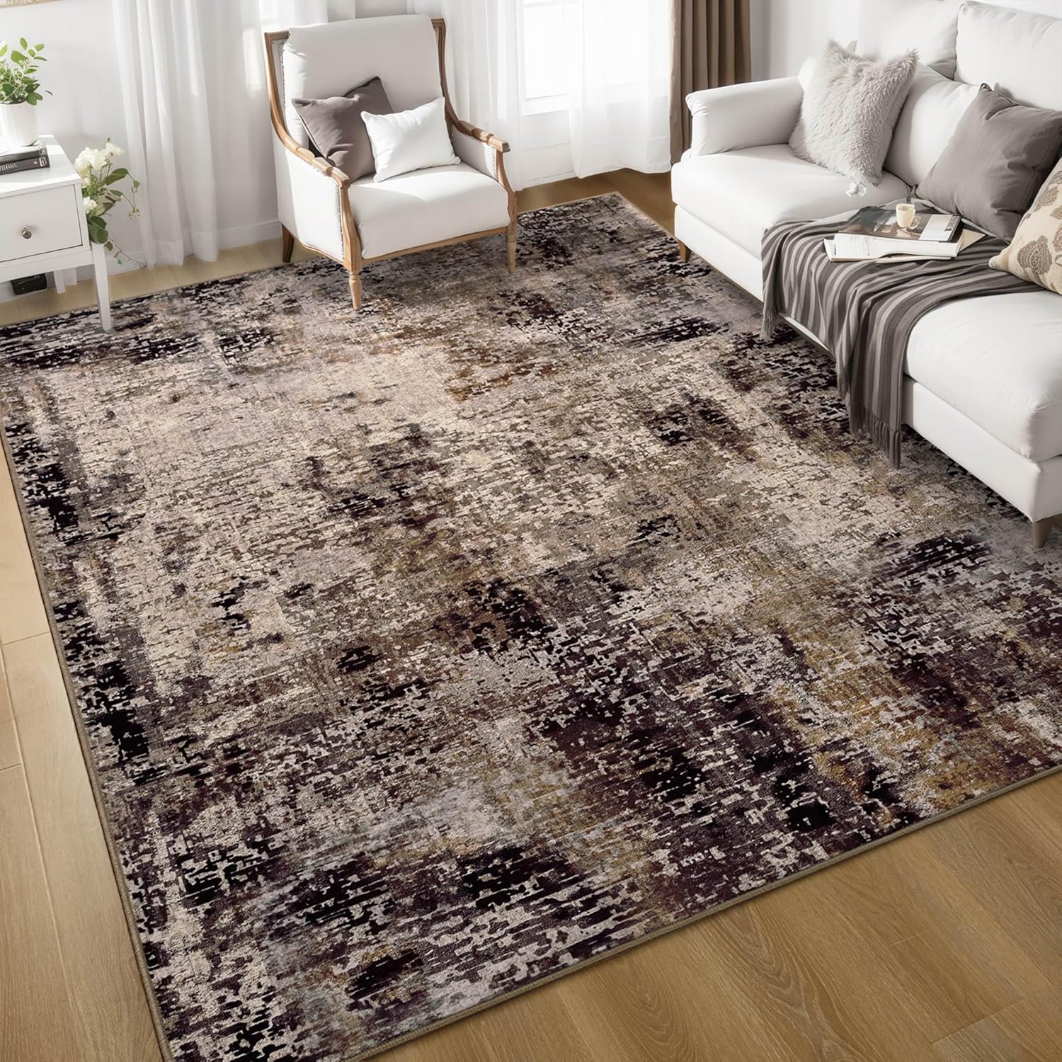 Ompaa Living Room Rug 6x9 Brown Area Rug Machine Washable