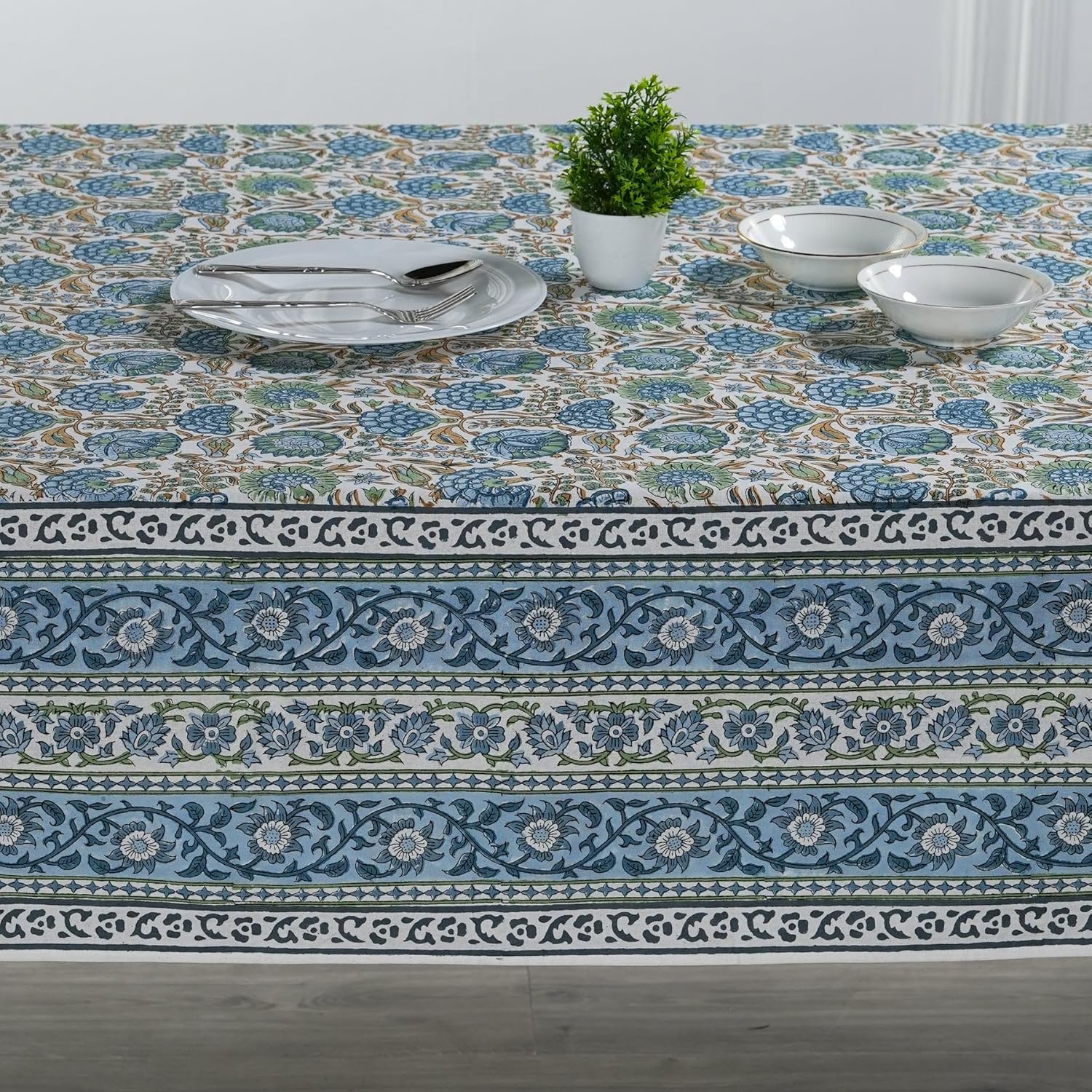 Ridhi Asparagus Green Hand Block Print Cotton Tablecloth for Dining