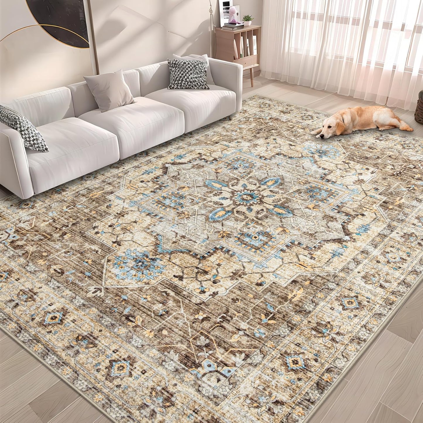 Vintage Area Rug 5x7: Washable Medallion Low Pile Carpet