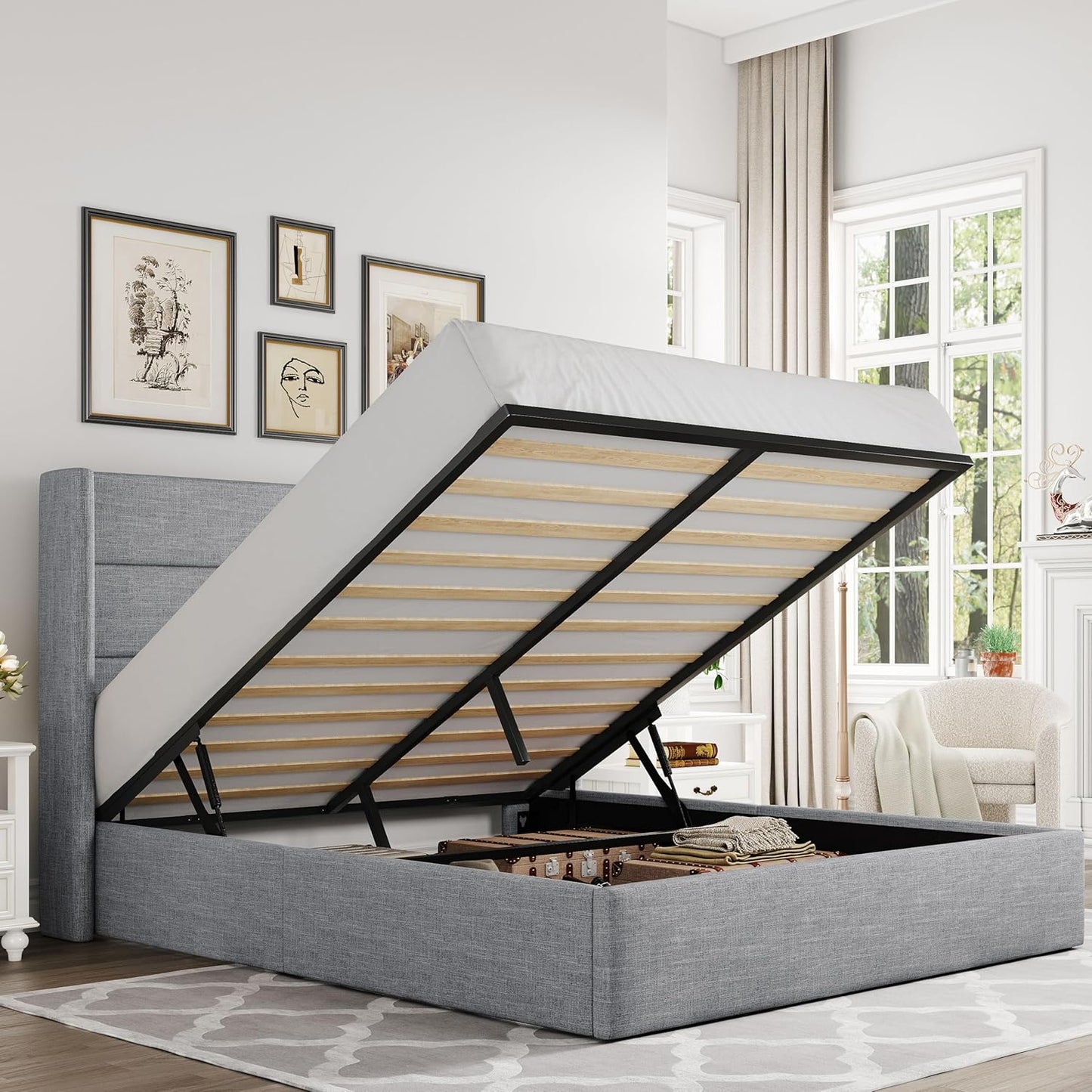 Allewie Full Size Lift Up Storage Bed with Elegant Headboard