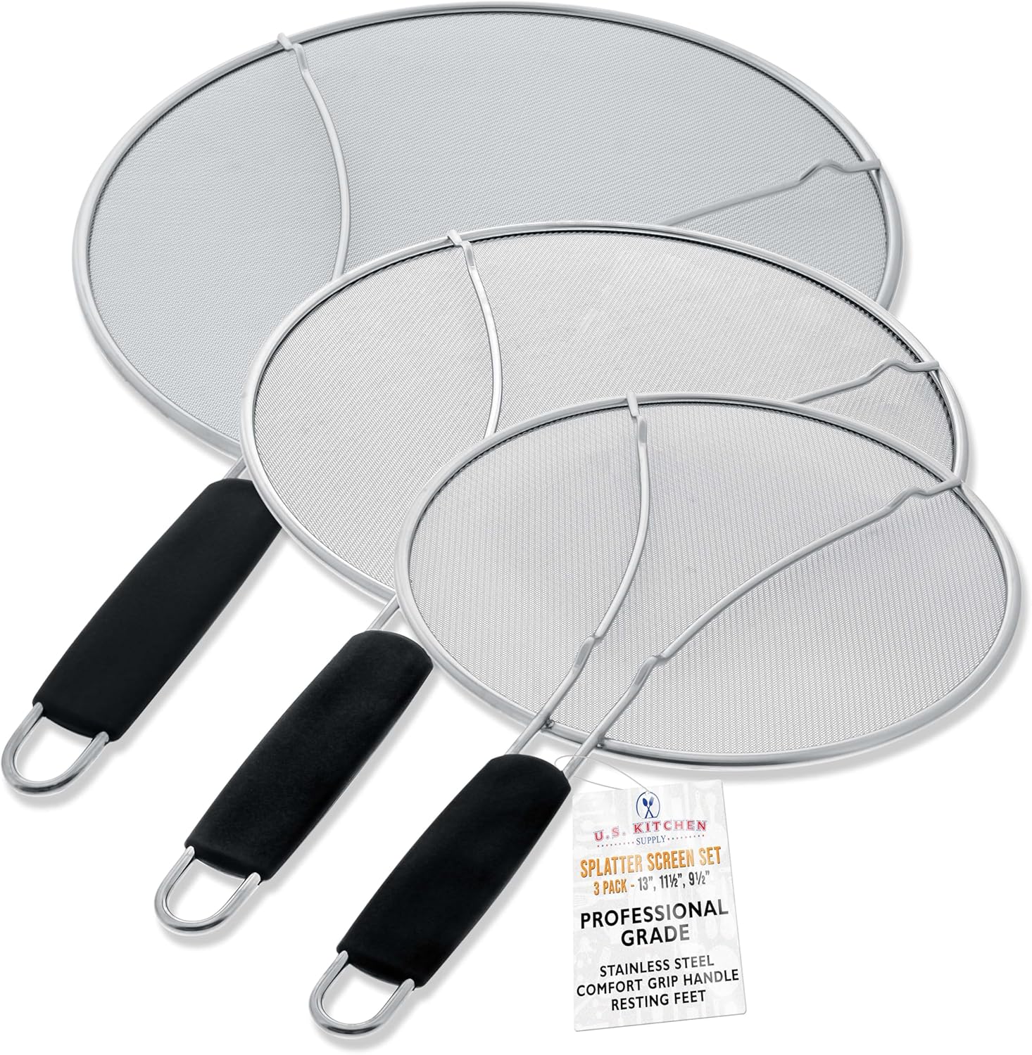U.S. Kitchen Supply 3-Piece Splatter Screen Set - Grease Guard for Safe Cooking