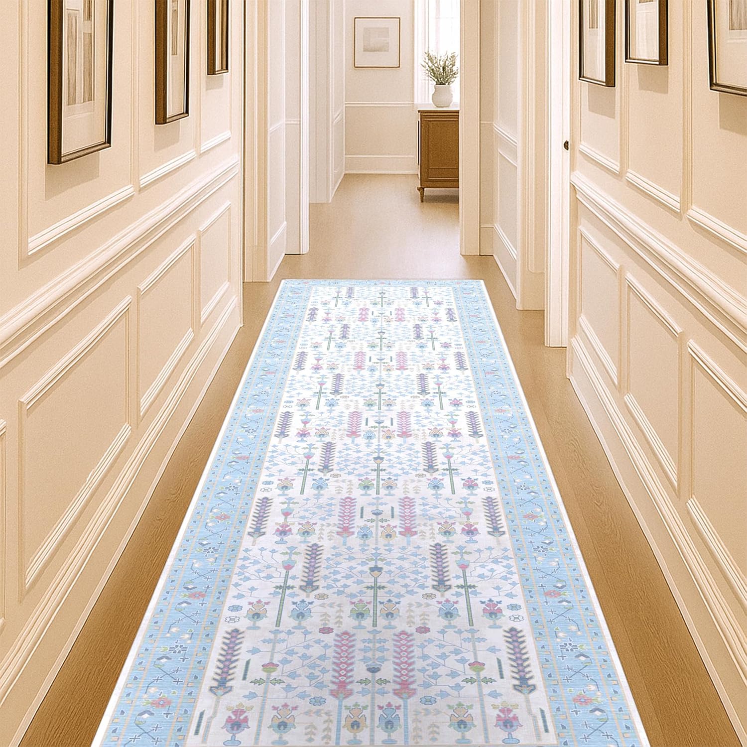 Cream Blue Oushak Runner Rug for Modern Hallways and Entryways
