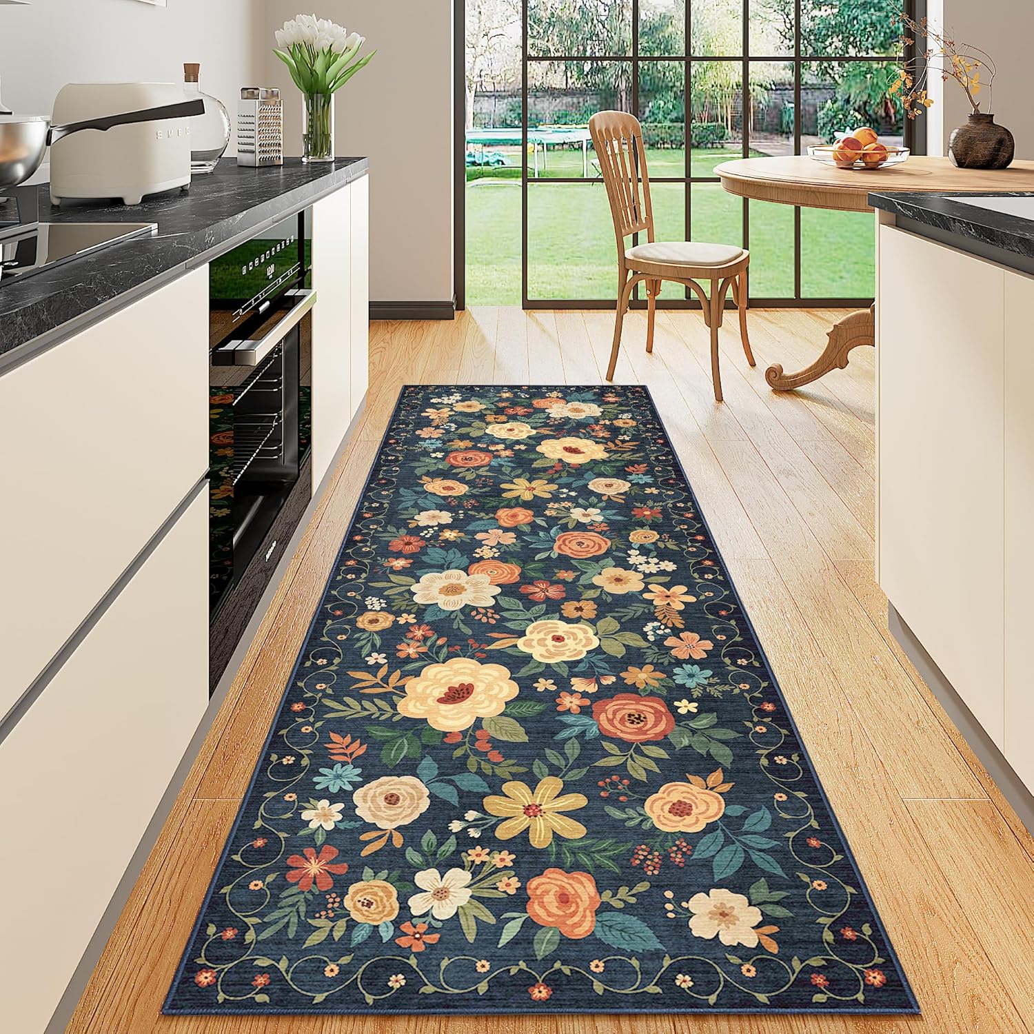 DUKINO Runner Rug 2.6x8 Non Slip Washable Floral Carpet