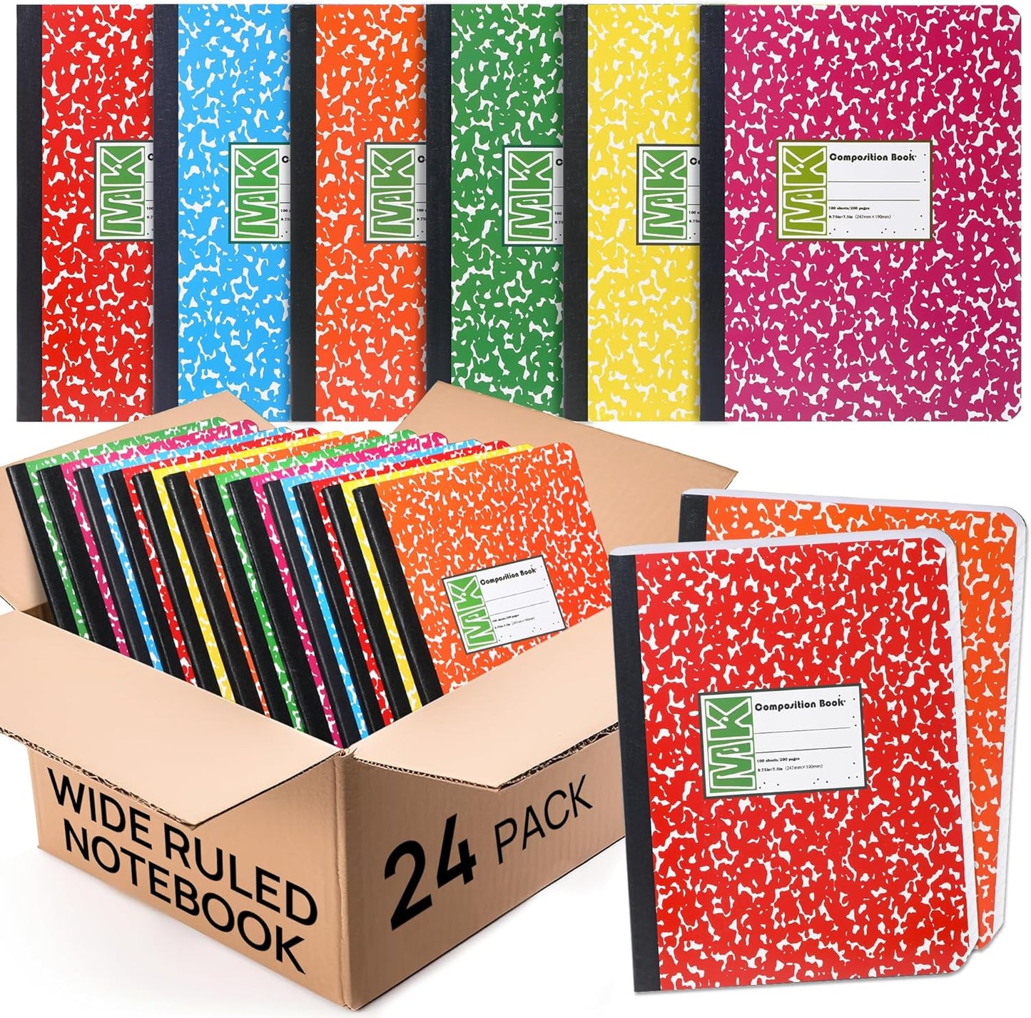 24 Pack Wide Ruled Comp Notebooks, 100 Sheets, Assorted Colors - miikoul