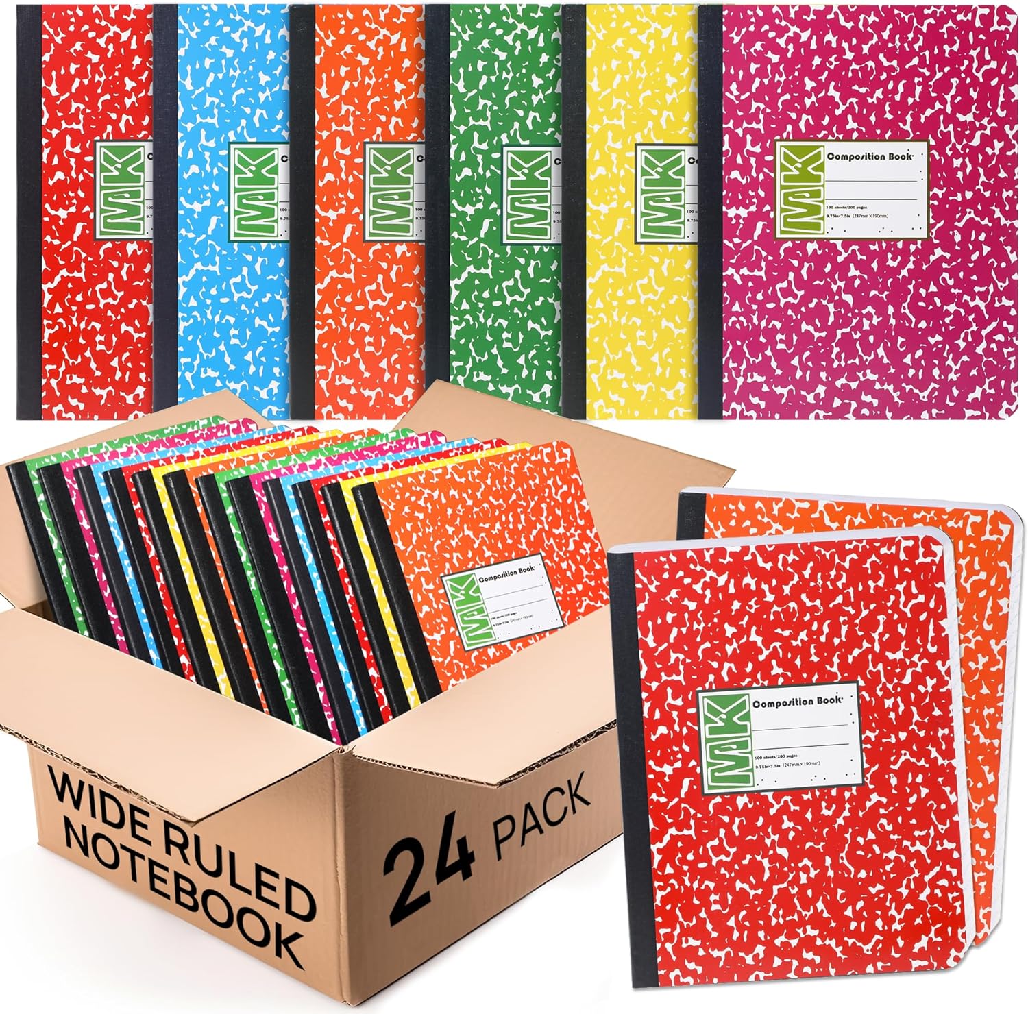 24 Pack Wide Ruled Comp Notebooks, 100 Sheets, Assorted Colors - miikoul
