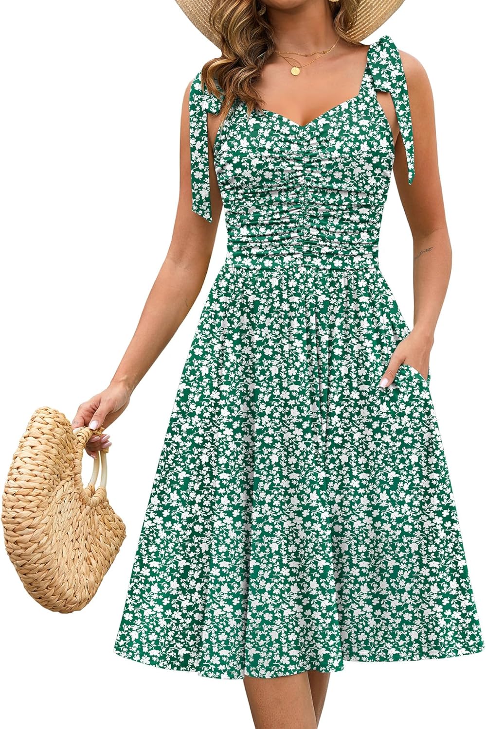 Kranda Women Summer Fall Ruched Midi Dress with Pockets