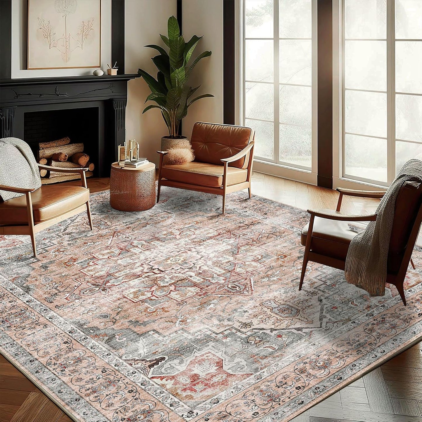 Washable Area Rug 9ftx12ft with Retro Floral Design for Home