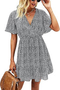 Casual V Neck Ruffle Leopard Print Mini Dress - Flowy High Waist