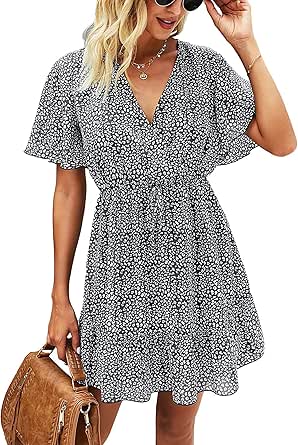 KIRUNDO Women's Casual Short Sleeve V Neck Ruffle Mini Dress