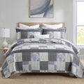 Grey Cotton Quilt Set Queen Size - Reversible Plaid Comforter