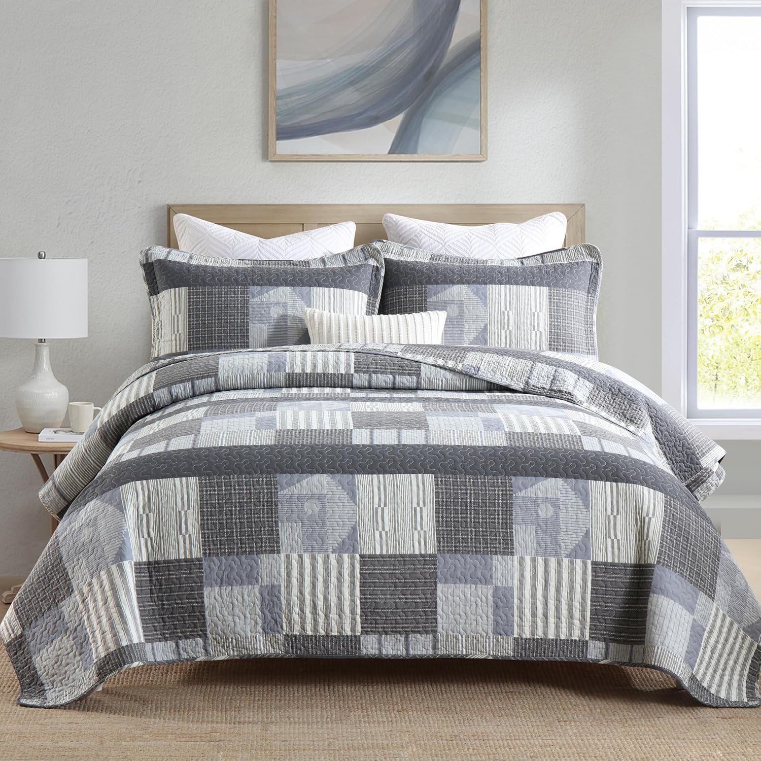 Grey Comforter Set by Homzard - Lightweight Cotton Quilt for Queen