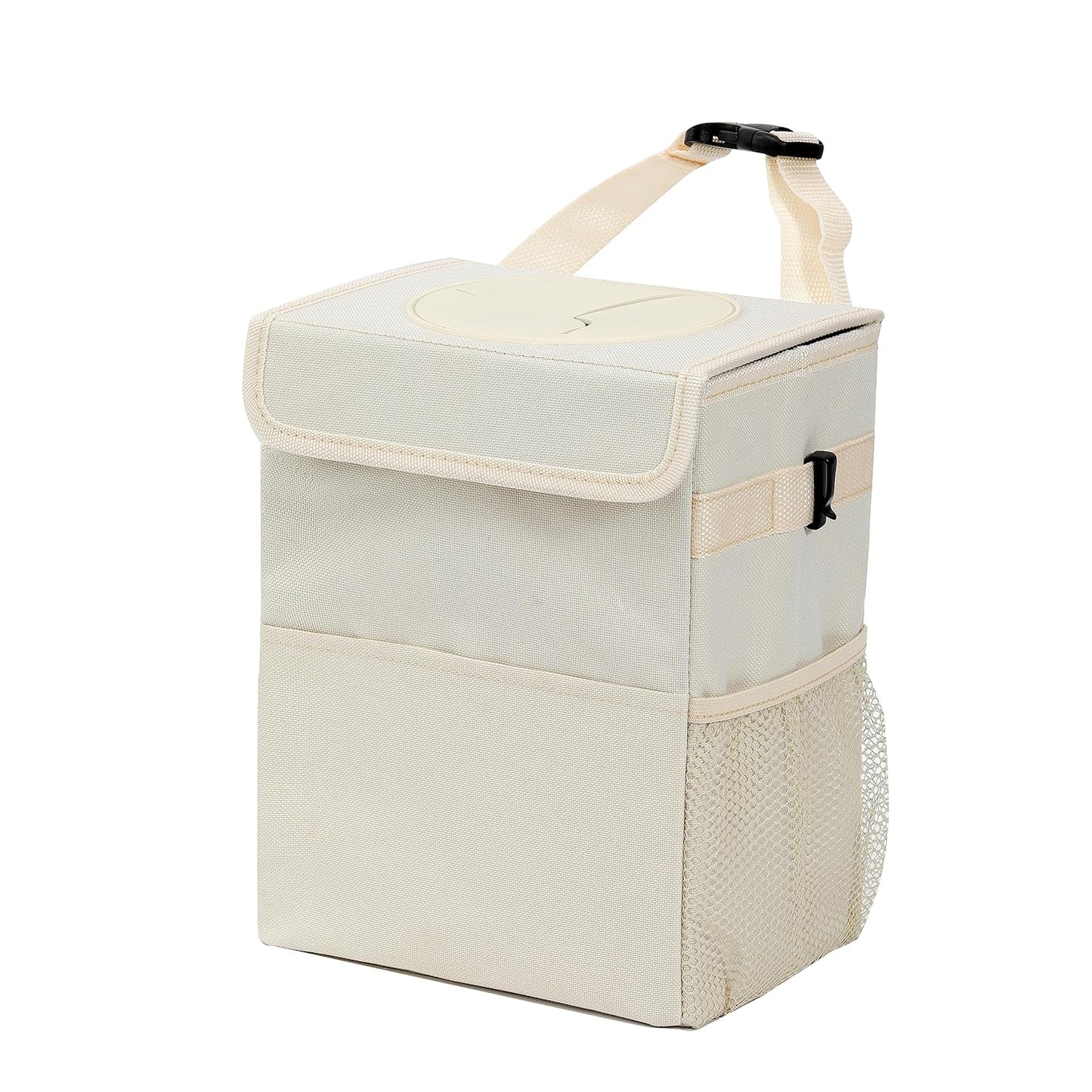 Leakproof Car Garbage Can - 3 Pockets, Waterproof, Beige